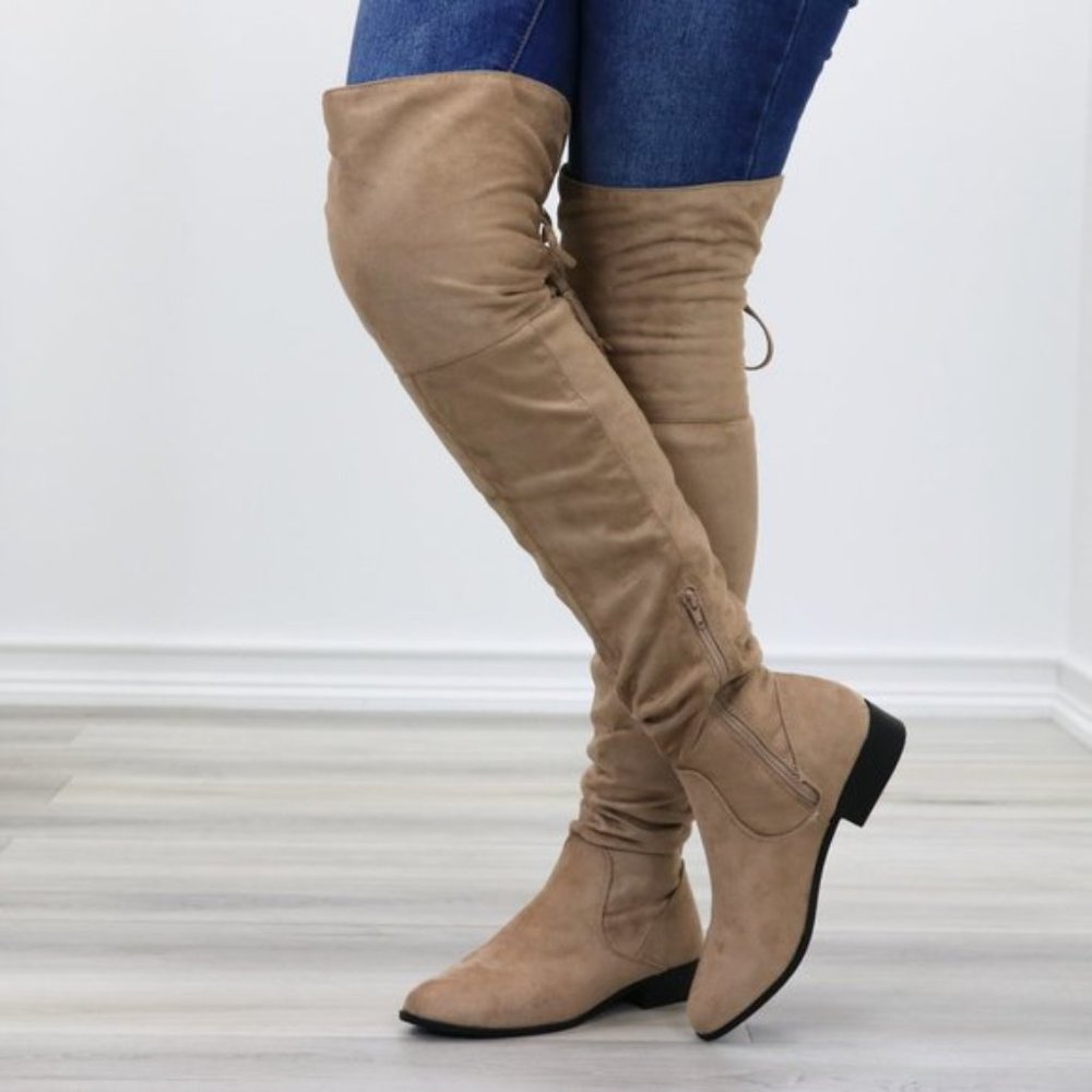 Tan Suede Thigh High Flat Boot With Lace Up Back - Picture 6 of 14